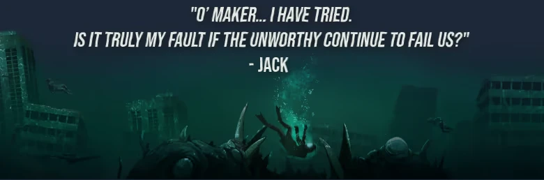 DIVE or DIE: White quote text over underwater ruins, diver falling into spikes below.