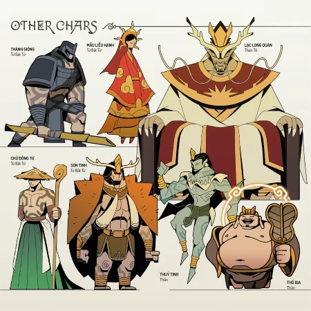 Character Roster – Divine Guardian | Vệ Thần Divine Guardian | Vệ Thần: Six stylized characters with names in Vietnamese, labeled "Other Chars."