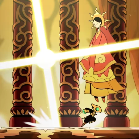 Mystical Duel – Divine Guardian | Vệ Thần Divine Guardian | Vệ Thần: A robed figure hovers near ornate pillars, as a masked character runs below.