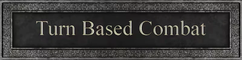 Diviner: "Turn Based Combat" text in ornate silver frame on a dark background.