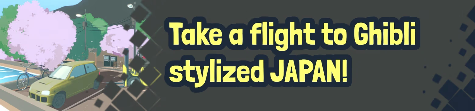 Do You even Forklift?: Yellow car, bicycles, cherry blossoms, vending machines; bold text reads "Take a flight to Ghibli stylized JAPAN!"