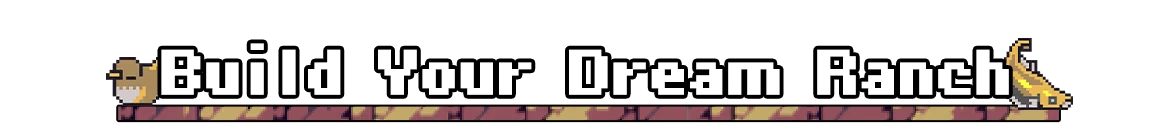 Doloc Town: Pixel art text "Build Your Dream Ranch" with cartoon animals on a striped background.