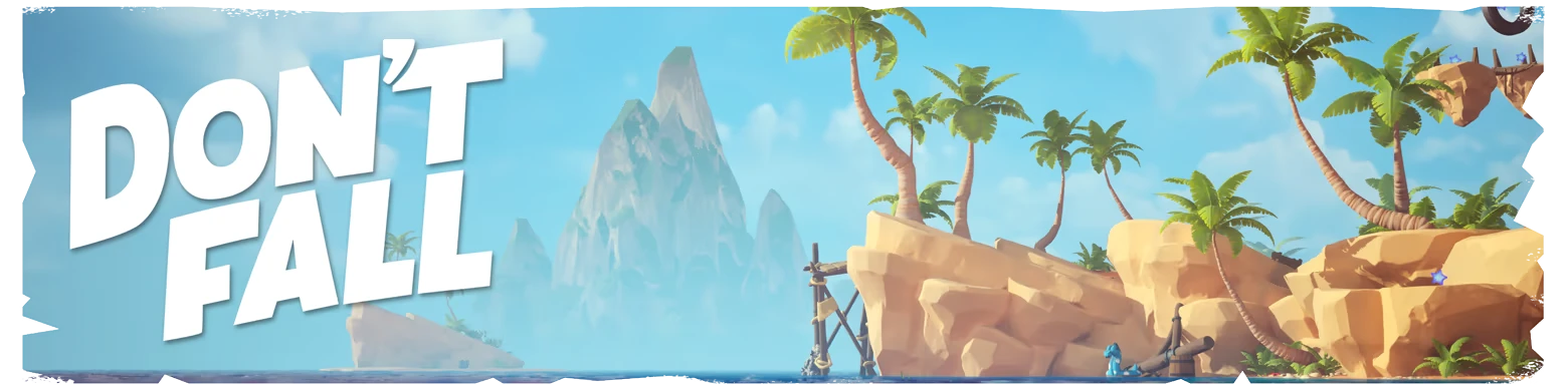 Don’t Fall: Large white title text over tropical cliffs, palm trees, and distant mountains.