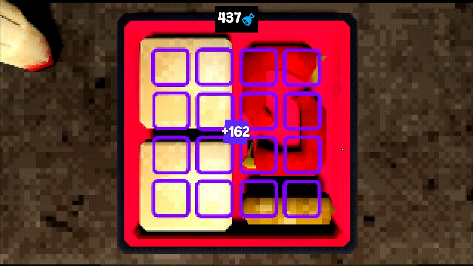 Inventory Grid Ui – Don’t Let It Starve Don’t Let It Starve: Red tray UI with purple grid slots, “437” and “+162” text.