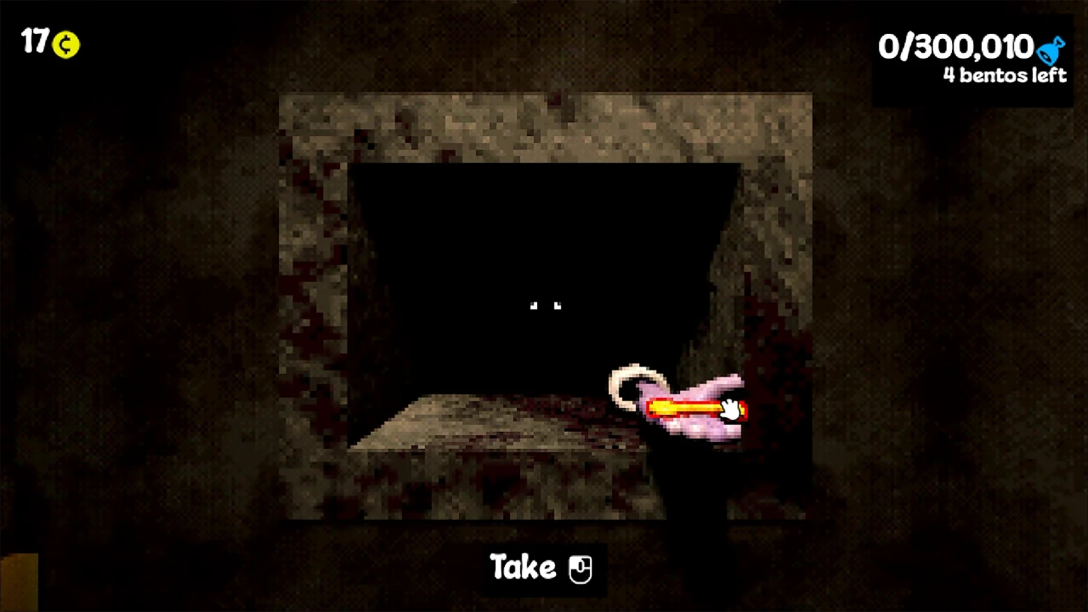Vent Creature Eyes – Don’t Let It Starve Don’t Let It Starve: Dark vent with glowing eyes, “Take” prompt, 0/300,010 UI.