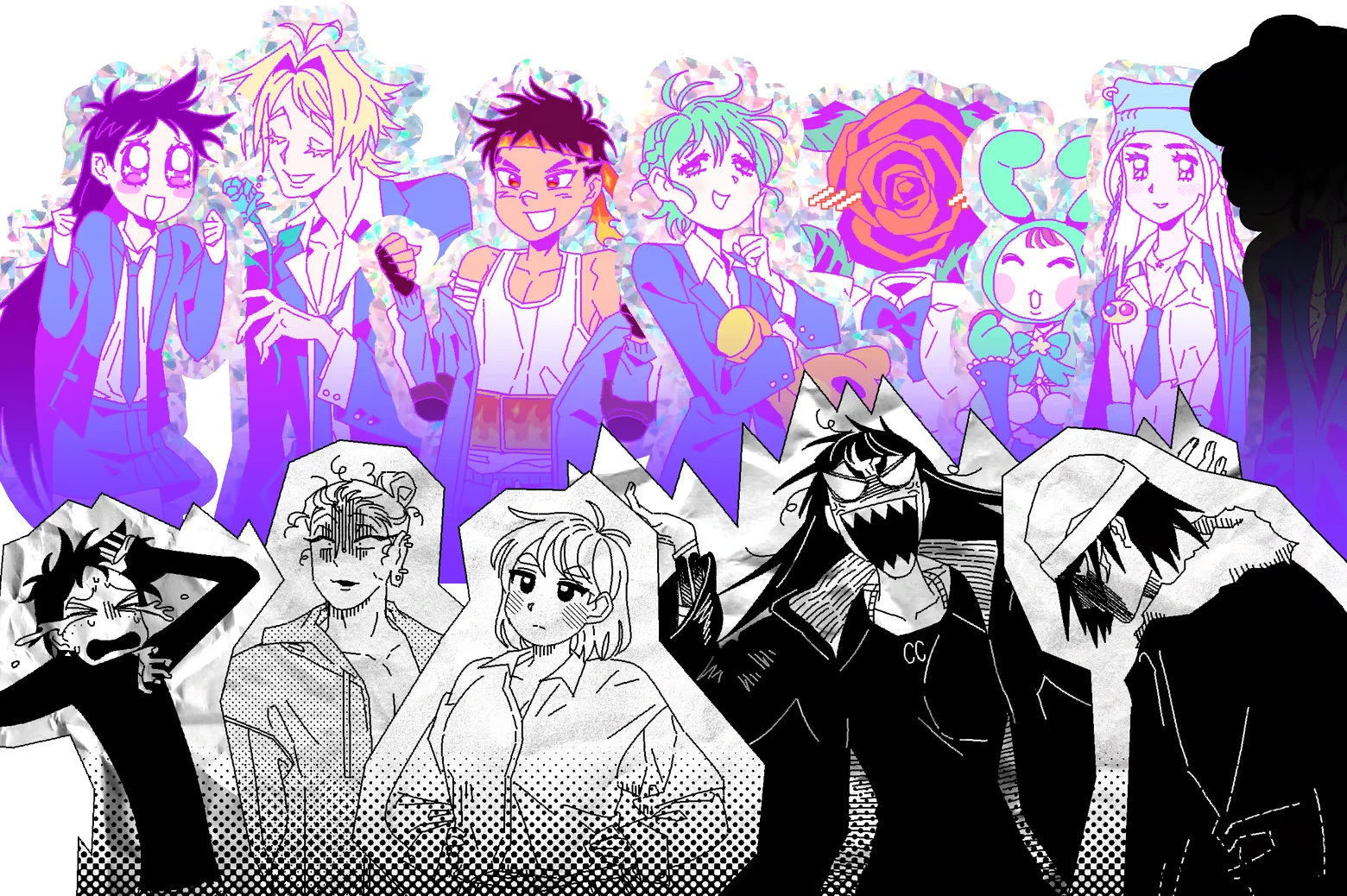 Character Collage – Doomed Otaku Doomed Otaku: Neon anime cast above black-and-white manga faces, one screaming figure.