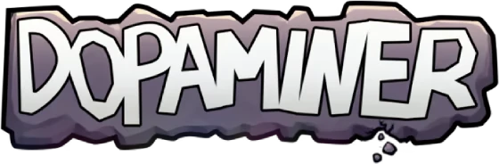 DOPAMINER: Large white block letters with black outline on a purple rock banner.
