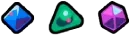 DOPAMINER: Three glowing gems on black: blue diamond, green triangle, purple hexagon.