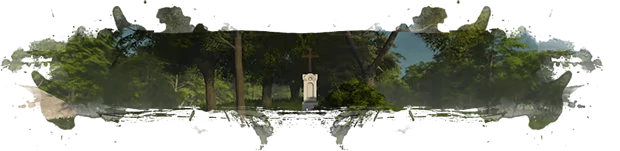 Dr. Emmerson’s Nocturnes: Forest clearing with a white monument and cross in mist.