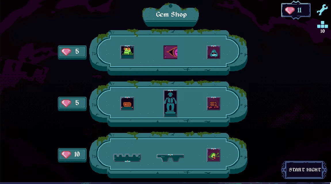 Draftula: Gem Shop menu with item tiles, gem costs, 11 gems, and Start Night button.