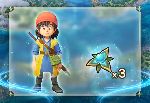 DRAGON QUEST VII Reimagined: Character in yellow coat, red hat, with three glowing star items.