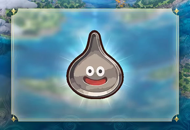DRAGON QUEST VII Reimagined: A smiling silver slime icon on a blurred blue and green background.