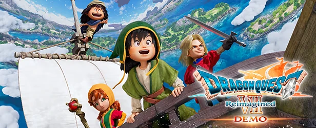 DRAGON QUEST VII Reimagined: Four adventurers on a ship, vibrant landscape, game logo "DEMO".
