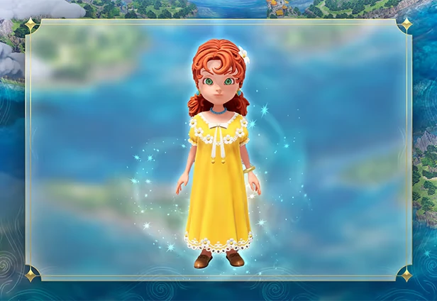 DRAGON QUEST VII Reimagined: Red-haired girl in a yellow dress with floral trim, glowing softly.