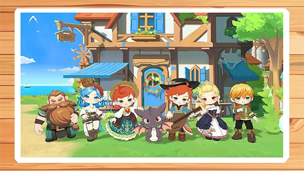 Dragon Song Tavern: Seven colorful characters and a dragon stand in front of a charming tavern.