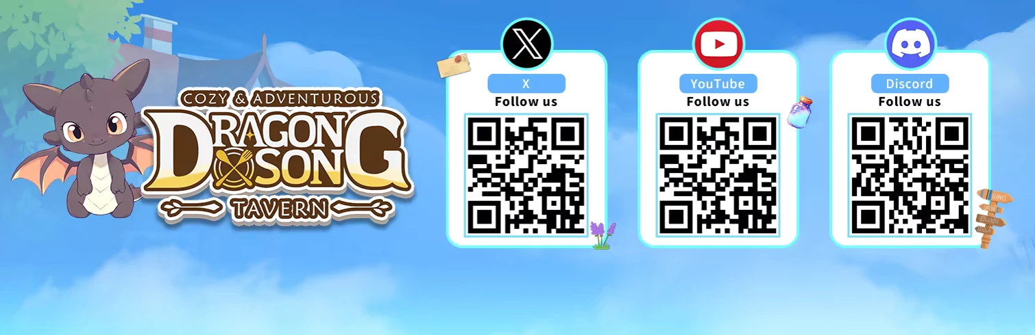 Dragon Song Tavern: Cute dragon, logo with "Cozy & Adventurous," and social media QR codes.