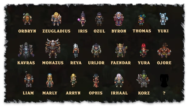Character Grid – Drakantos Drakantos: Pixel art characters with names like ORBRYN, ZEUGLADIUS, and a silhouette with a "?".