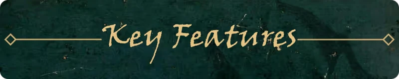 Key Features – Dreadbone Dreadbone: "Key Features" text in stylized font on a dark, textured background with lines.