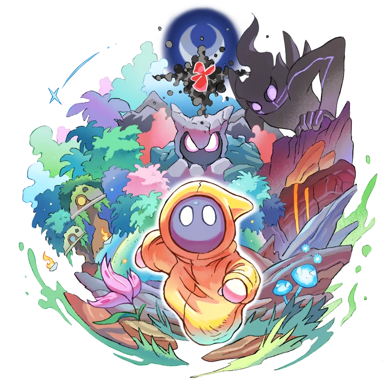 Dream Runner: Hooded figure runs through vibrant forest, shadowy creature looms, crescent moon above.