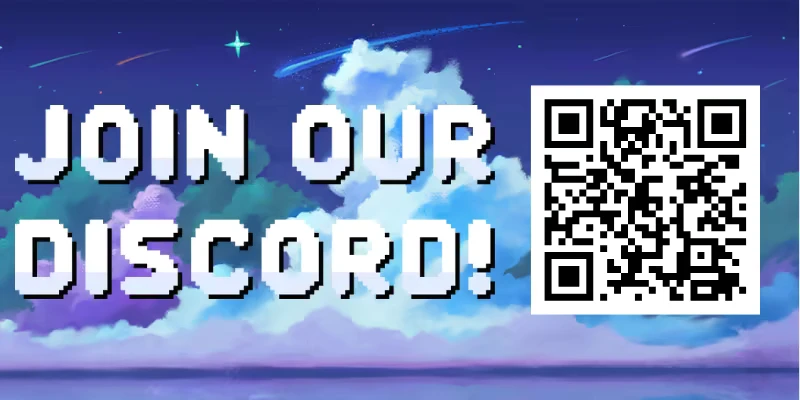Dream Runner: Pixelated text "JOIN OUR DISCORD!" with a QR code over a starry sky and clouds.