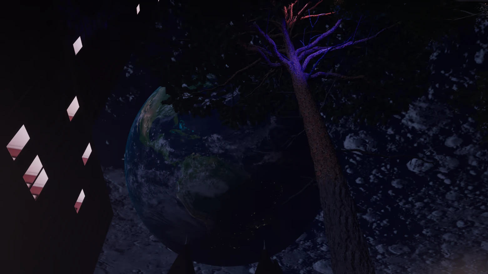 Dream Voyage: A towering tree with purple light beside a building, Earth visible in the sky.