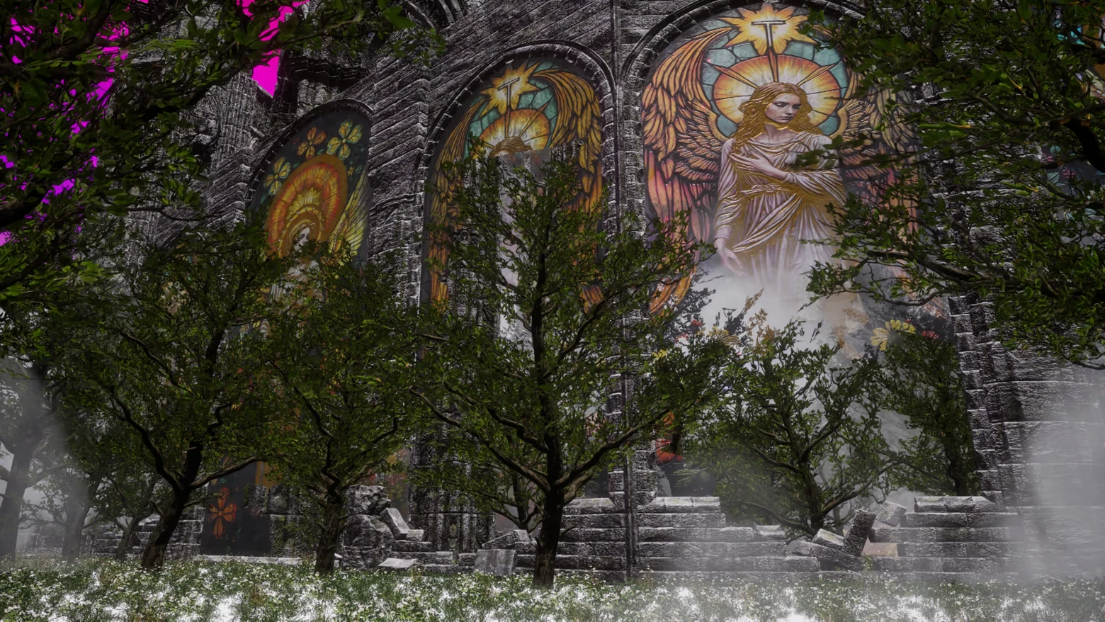 Dream Voyage: Stained glass angels adorn a stone cathedral, surrounded by lush green trees.