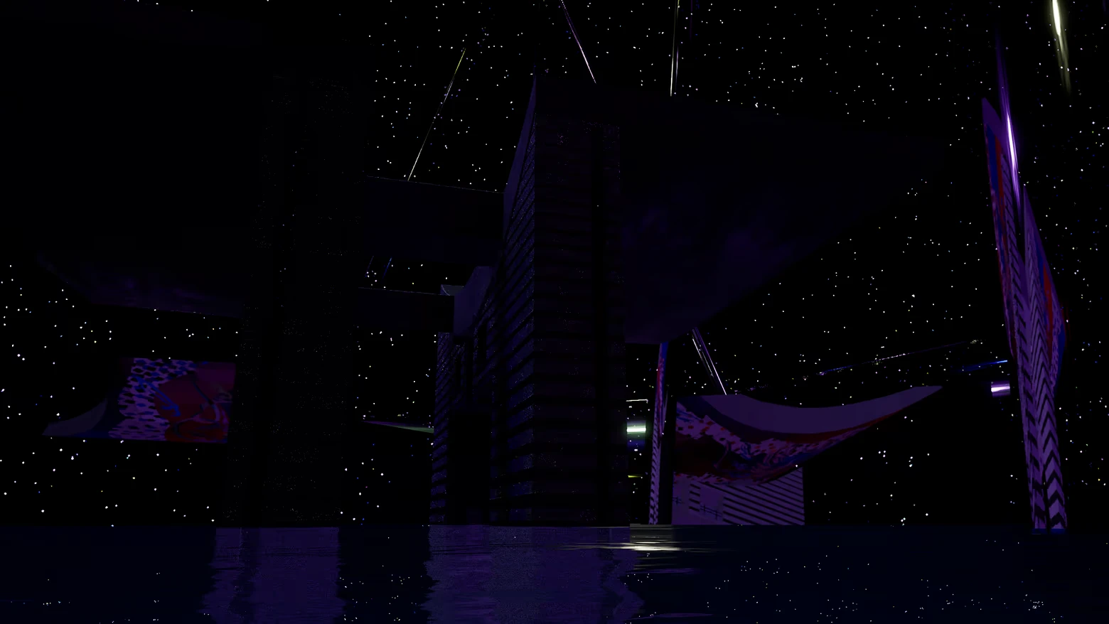 Dream Voyage: Dark abstract structures and floating banners under a starry night sky.