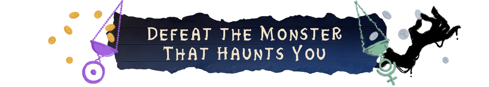 Defeat Monster Haunts – Dreamcards Dreamcards: Torn paper with "Defeat the Monster That Haunts You" in white text, coins around.