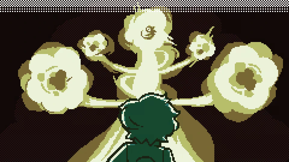 Ghost Apparition Scene – DREAMTONE DREAMTONE: Pixel art figure faces a pale, many-armed creature with glowing orbs.
