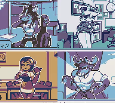 DRINKRIME: Four anthropomorphic characters in pixel art, each in different colored rooms.