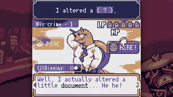 Crime Confession Screen – DRINKRIME DRINKRIME: Pixel UI with horse in suit; text “I altered a {?}.” and “He he!”.