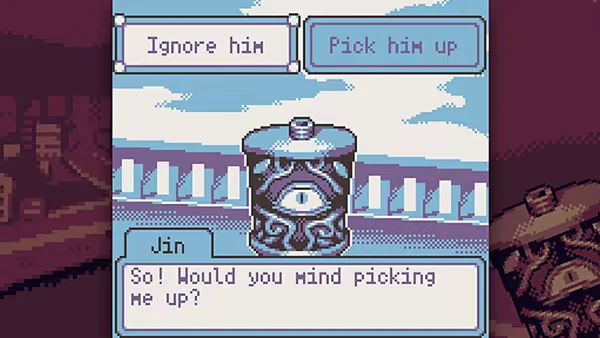 Pick up Choice – DRINKRIME DRINKRIME: Pixel dialogue with choices “Ignore him” and “Pick him up,” bottle with eye.