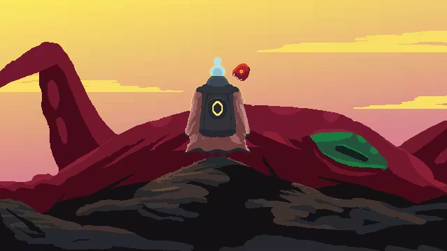 Duck Norris Tales: Duck in a cloak stands on a giant alien with a sunset sky backdrop.