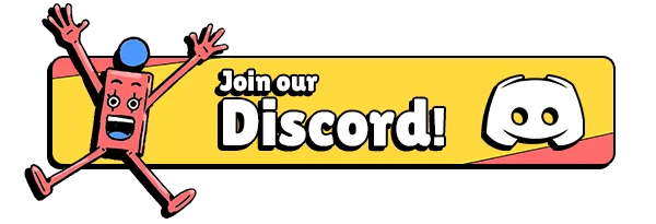 Dumbino: Cartoon domino character with arms raised beside "Join our Discord!" text and logo.