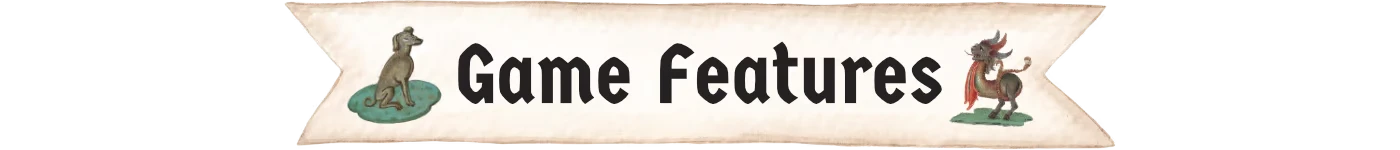 Dungeon Bodega Simulator: Banner with "Game Features" text, flanked by a dog and a dragon.