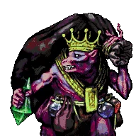 Crowned Vampire Queen – Dungeon Lurker Dungeon Lurker: Pixel-art crowned goblin king snarling, holding green gem and mace.