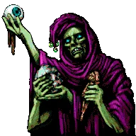 Hooded Necromancer Portrait – Dungeon Lurker Dungeon Lurker: Pixel-art hooded figure with glowing eyes holding a severed head and eyeball.