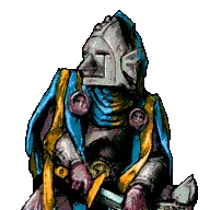 Masked Knight Portrait – Dungeon Lurker Dungeon Lurker: Pixel-art knight in silver helmet, blue cloak, holding a sword on black background.