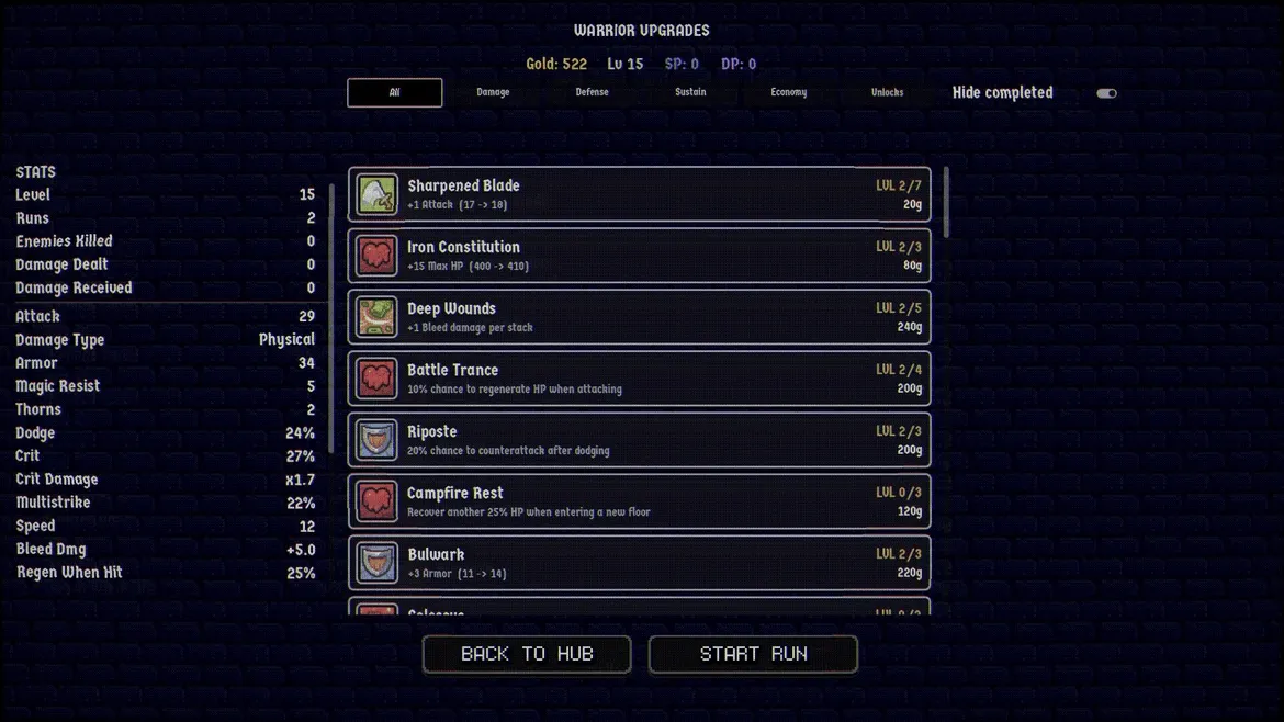 Dungeonbound: Warrior Upgrades menu with stats panel, perk list, and Start Run button.