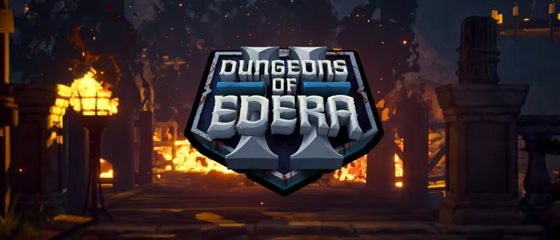 Dungeons of Edera 2: Stone logo with bold text, fiery background, and torches illuminating ruins.