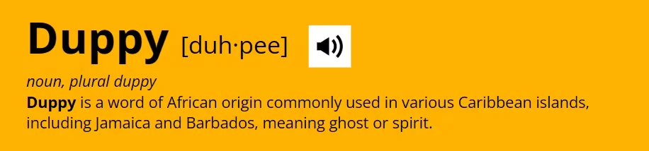 Duppy Definition – Duppy Detective Tashia Duppy Detective Tashia: Definition of "Duppy" with pronunciation and audio icon on orange background.