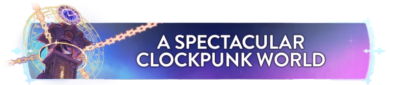 Duskfade: A clock tower with glowing gears beside text "A Spectacular Clockpunk World."