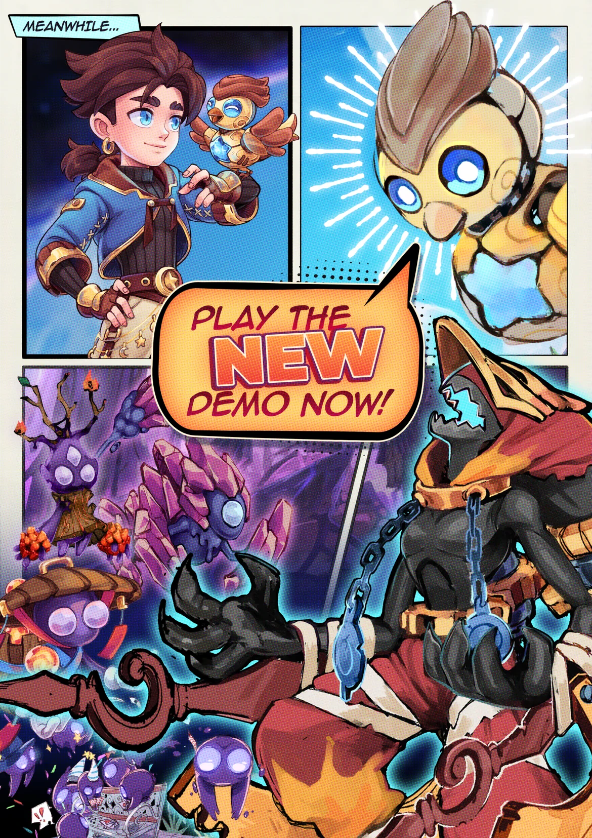 Comic Demo Poster – Duskfade Duskfade: Comic panels with hero and robot bird; speech bubble says PLAY THE NEW DEMO NOW!.