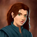Dverghold: Pixel portrait of green-eyed woman with brown hair in a blue cloak.