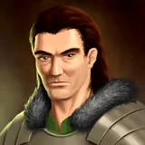 Dverghold: Close-up portrait of stern man with dark hair, fur collar, and armor.