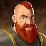 Dverghold: Close-up portrait of red-bearded man with green eyes and shaved head.