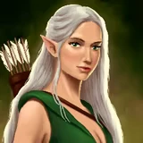 Dverghold: Portrait of silver-haired elf archer with quiver, green tunic, olive backdrop.