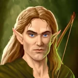 Dverghold: Close-up portrait of elf archer with long blond hair, blue eyes, and bow.