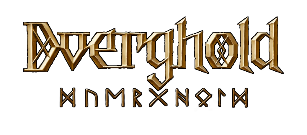 Dverghold: Gold 3D “Dverghold” title with rune-like subtitle on black background.