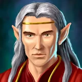 Dverghold: Close-up portrait of gray-haired elf with gold headband and red robe.